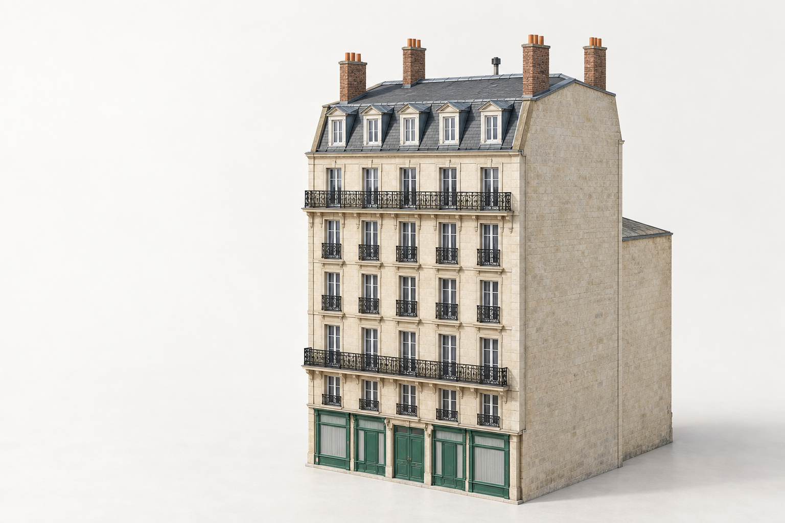 Maquette architecturale d’un immeuble haussmannien, avec sa façade en pierre, ses balcons et sa toiture mansardée